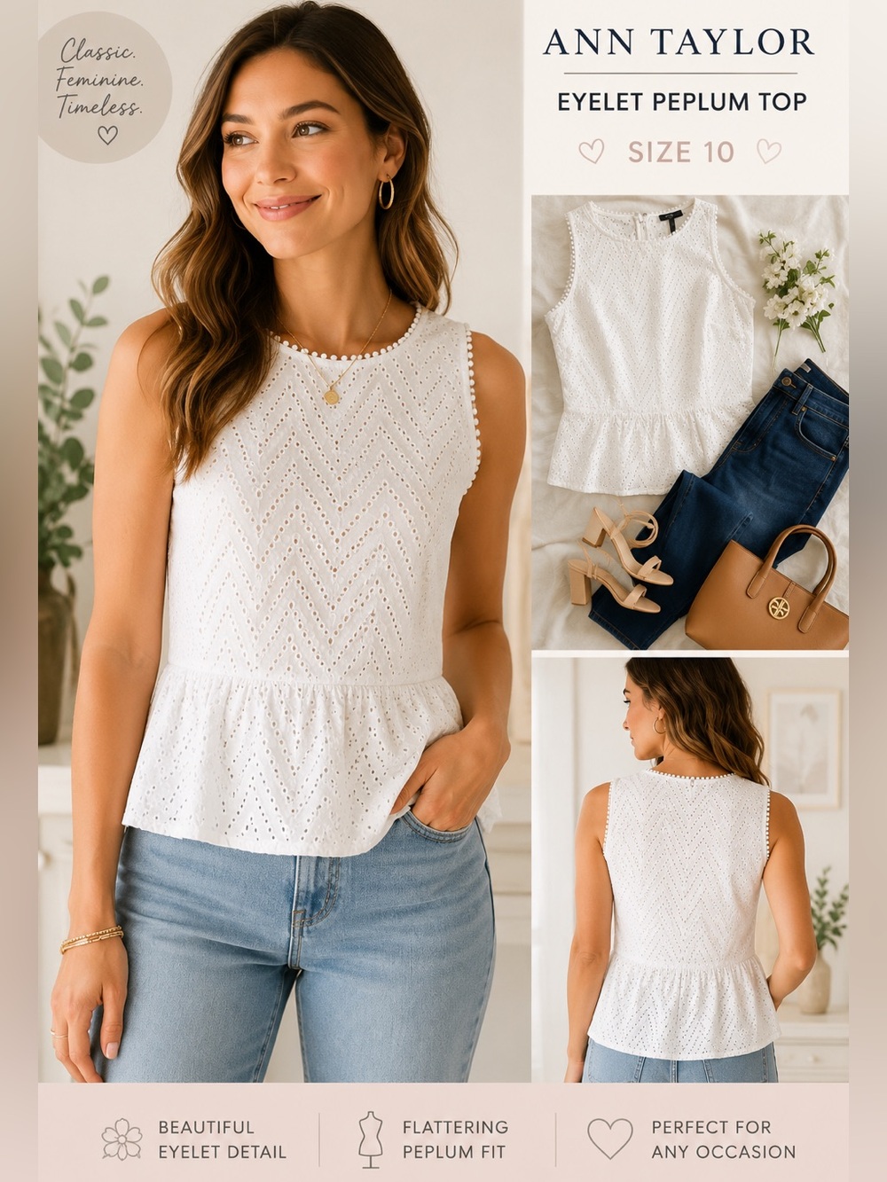 Ann Taylor White Eyelet Peplum Top Size 10 Sleeveless Cotton Blouse